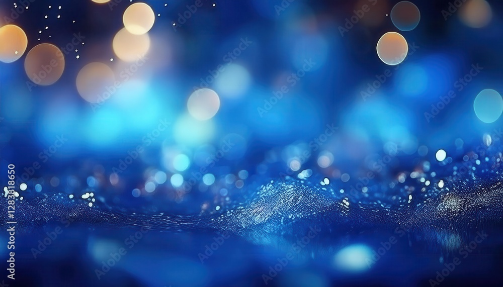 Poster abstract deep blue bokeh lights with shimmering particles on textured surface, fantasy glow for background and design

