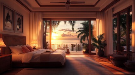 An elegant tropical-inspired bedroom with a king-size bed, luxurious fabrics, a balcony view of palm trees and ocean waves lit by a radiant sunset, polished floors, soft glowing lamps,