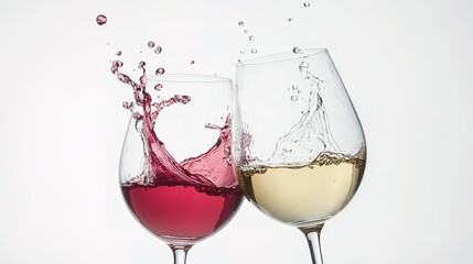 Two wine glasses clinking together, with red and white wine splashing, isolated on the left side of an all-white background.