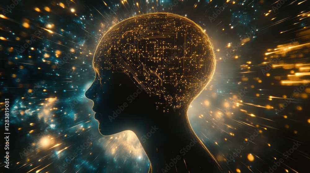 Poster silhouette of a human head with glowing quantum circuits representing advanced computing concepts. g