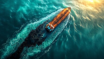 Highaltitude perspective of an oil tanker leaking oil into the ocean