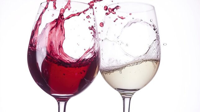 Two wine glasses clinking together, with red and white wine splashing, isolated on the left side of an all-white background.