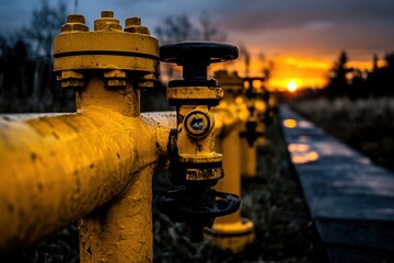 Fototapeta premium Yellow pipeline valves at sunset