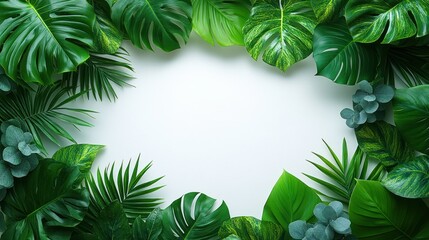 Tropical leaves frame on white background
