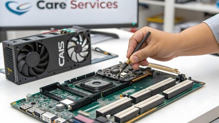 Detailed shot of a human hand assembling PC parts, representing modern technology and computer assembly