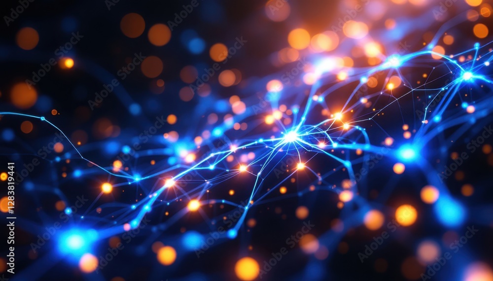 Poster abstract network of glowing blue and orange nodes connected by lines