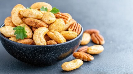 Spiced Mixed Nuts in Bowl on Dark Surface