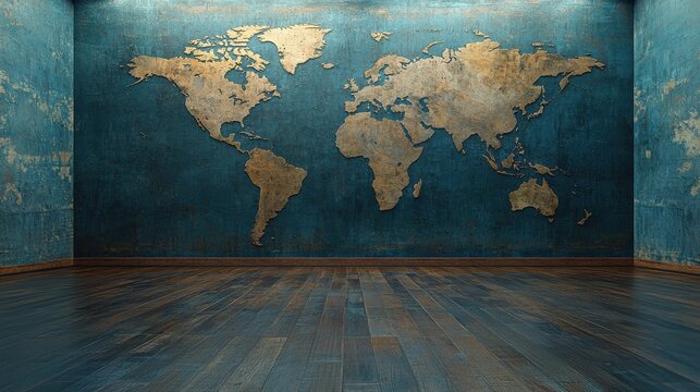Realistic World Map Wall Art in an Elegant Blue Atmosphere with Wooden Floor in Photography Style - Powered by Adobe