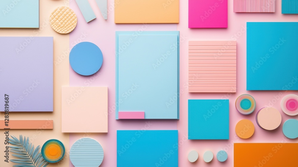 Poster vibrant geometric composition featuring colorful shapes and textures on pastel background for creati
