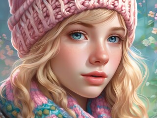 Fototapeta premium An illustration of a young girl wearing a cozy knitted beanie with a pastel pinks and greens