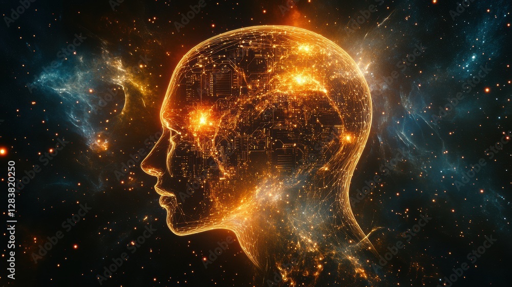 Poster Silhouette of a human head illuminated with quantum circuits and glowing elements reflecting advanced technology concepts. Generative AI