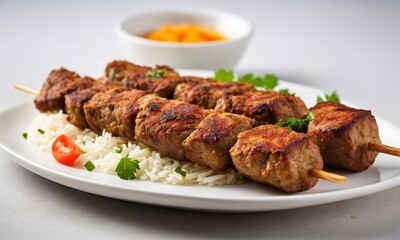 Flavorful Grilled Meat Skewers Served on Rice with Garnish