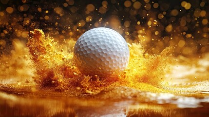 Illustration of white golf ball causing explosion of golden sand, symbolizing sports, competition, and golfing themes for digital design, advertising, and sport-related projects.