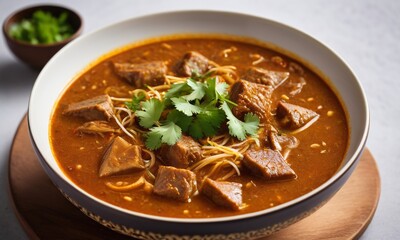 Delicious Bowl of Spicy Meat Soup with Fresh Herbs and Noodles