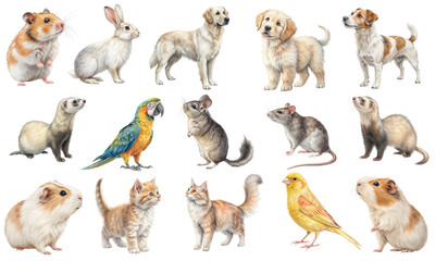 Fototapeta premium Watercolor Illustration of Domestic and Pet Animals