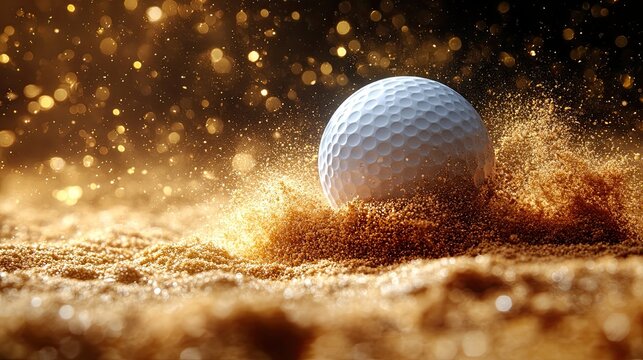 Illustration of white golf ball causing explosion of golden sand, symbolizing sports, competition, and golfing themes for digital design, advertising, and sport-related projects.