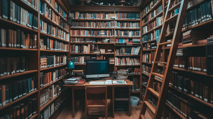 Library furniture set isolated on white background. Vector cartoon illustration of vintage wooden bookcase with full shelves, ladder and chair, stacks of literature, newspaper issue on computer screen