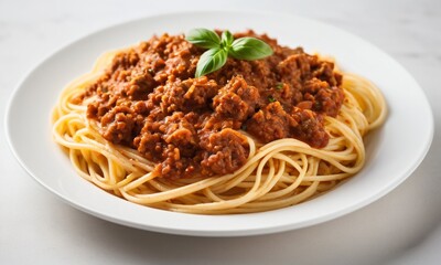 Delicious Plate of Spaghetti with Rich Meat Sauce and Basil Garnish
