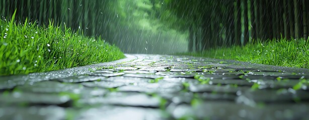 Continuous drizzle, a green bamboo forest, realistic bamboo forest, bamboo leaves swing with the wind, a curved stone forest road, grass on both sides of the road, with the extension of the road, the 