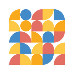 Obraz premium Bauhaus pattern with abstract shapes cut into circles in pastel colors of yellow, orange, red, and blue