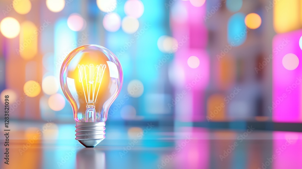 Poster glowing light bulb on reflective surface with abstract colorful bokeh background