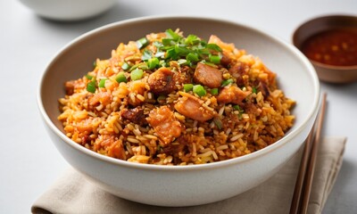 Delicious Chicken Fried Rice with Fresh Green Onions in Bowl
