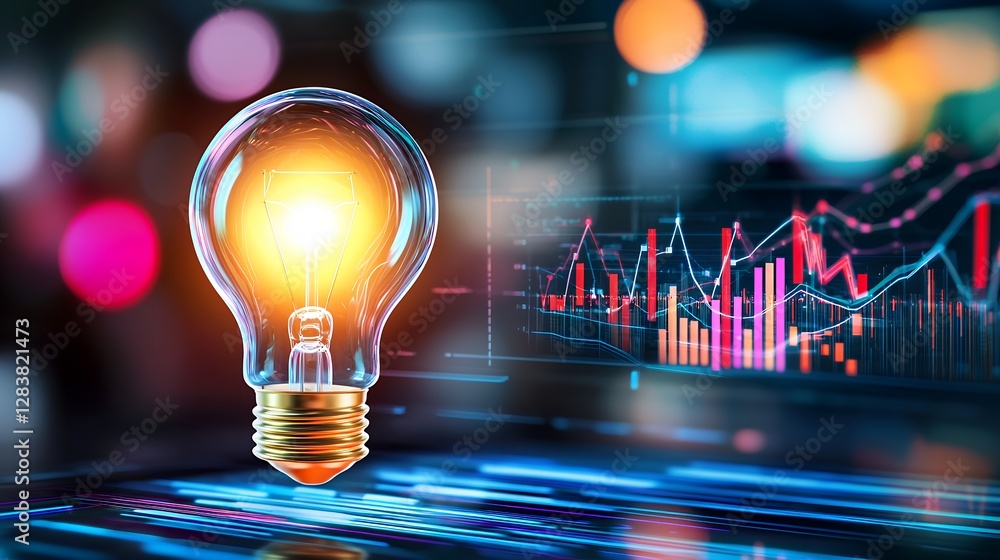Aufkleber glowing light bulb with stock market data graph on abstract blue background