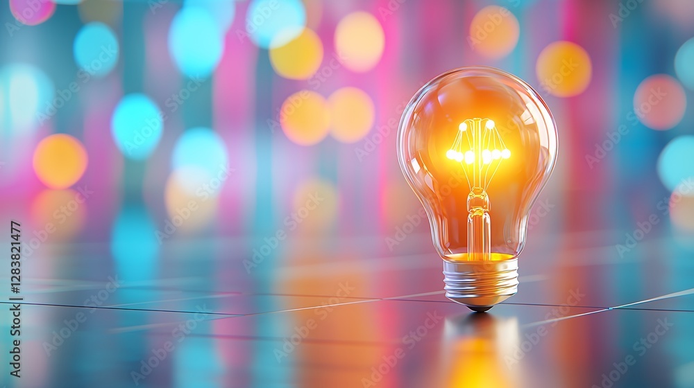 Poster glowing lightbulb displaying innovation on a colorful reflective surface
