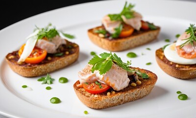 Gourmet Salmon Canapés on Toast with Fresh Herbs and Vegetables