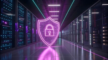 A glowing cybersecurity shield with a neon pink padlock, representing innovative technology and advanced encryption