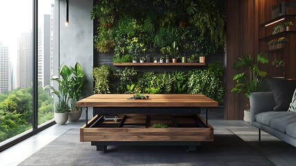 A collapsible coffee table with adjustable heights, made from sustainable materials, set in a modern eco-friendly home with greenery and natural light, sleek and functional design,