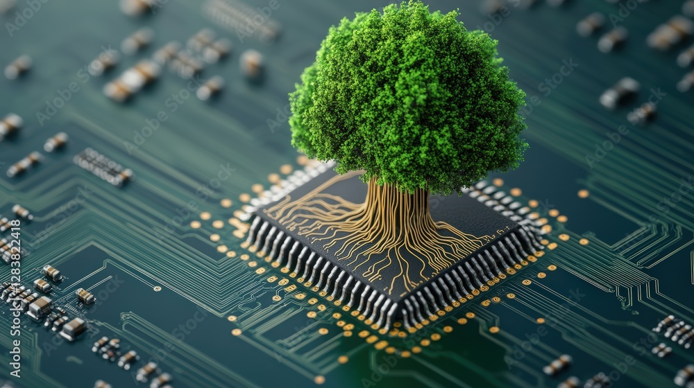 Poster tree growing on circuit board symbolizing nature and technology integration in modern design