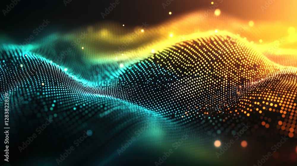Poster abstract technology background with glowing dots and grid surface in a digital environment