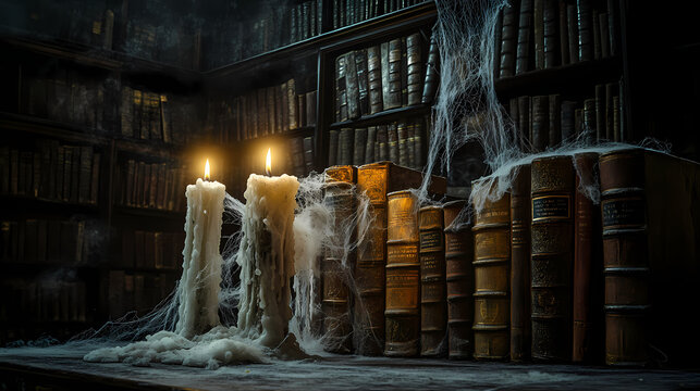 A mysterious candlelit scene with dusty books and cobwebs, evoking a sense of ancient knowledge and intrigue in a dark library. Flickering Candlelit Library. Illustration