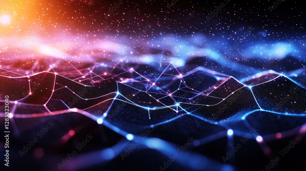Poster abstract background with glowing lines stars and grid surface for science and technology concepts