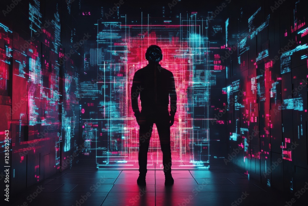 Poster Human silhouette immersed in futuristic AI visualizations surrounded by vibrant data streams. Generative AI