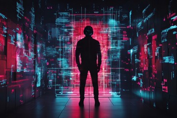 Human silhouette immersed in futuristic AI visualizations surrounded by vibrant data streams. Generative AI