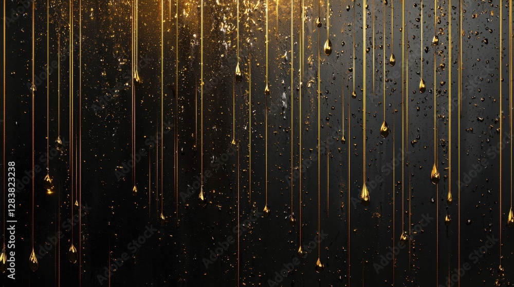 Poster elegant golden droplets cascading gracefully on a dark background, creating a mesmerizing texture an