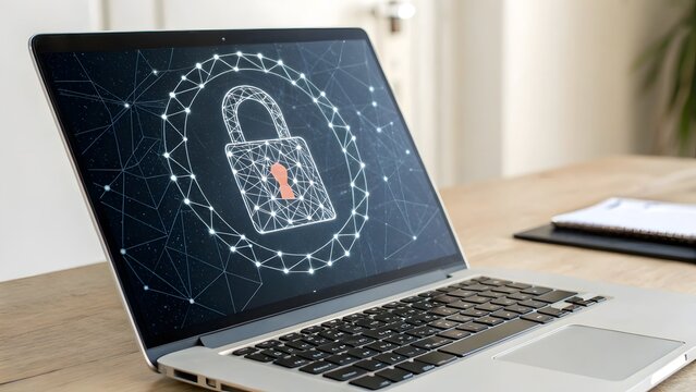 Laptop with padlock and security concept from linear icons, emphasizing advanced digital protection and cybersecurity