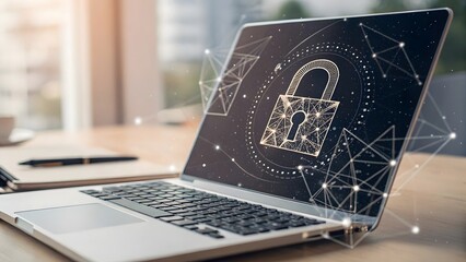 Laptop with padlock and security concept from linear icons, showcasing modern digital protection and cybersecurity