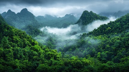 Lush Green Mountains Under Dramatic Cloudy Sky with Misty Valleys in Tropical Rainforest Landscape