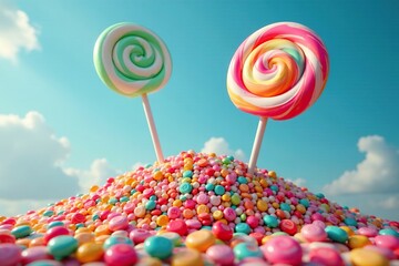 a giant lollipop sits atop a mountain of candies, colorful, lollipop