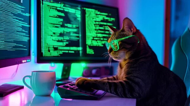 Clever tabby cat. Cybersecurity and programming humor with stylish cat coding on computer surrounded by neon lights, Funy animals