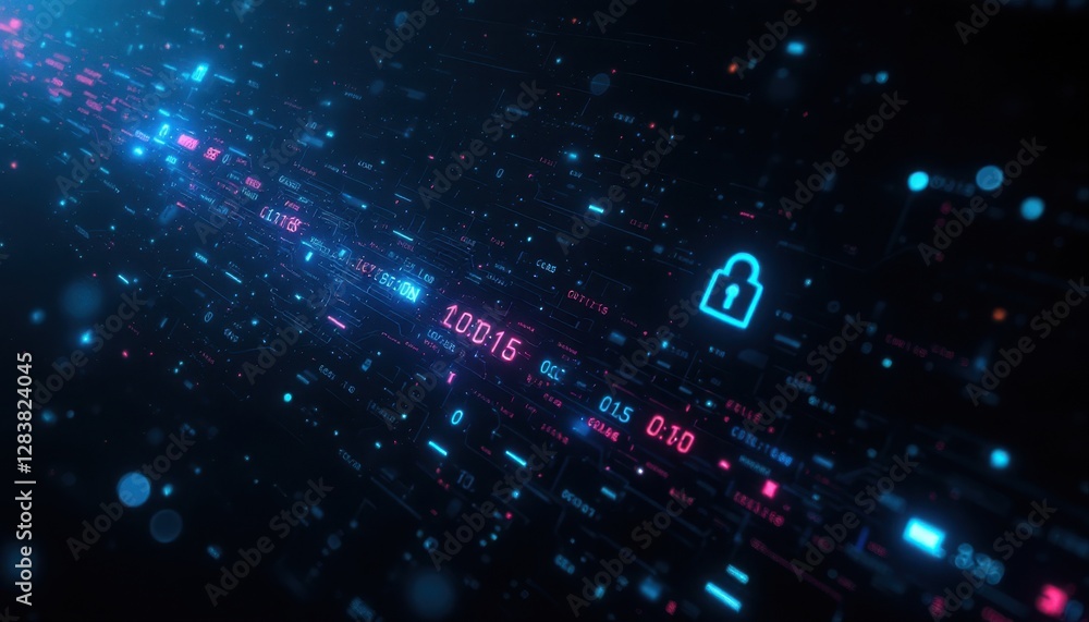 Poster futuristic digital network with cybersecurity lock and data streams