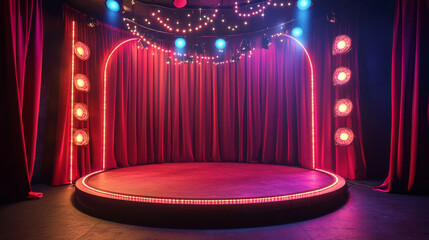 Cartoon circus stage vector background. Carnival arena with red vintage theater curtain. Cirque show round scene festival illustration. Empty marquee podium. Festive theatre platform with neon light.