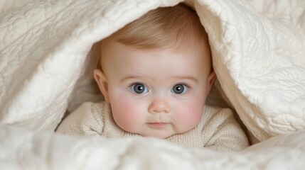 Baby covered in blanket, peaceful, inside, adorable,  for print