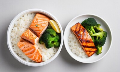 Fresh Salmon Fillet with Broccoli and Rice Served in Bowls
