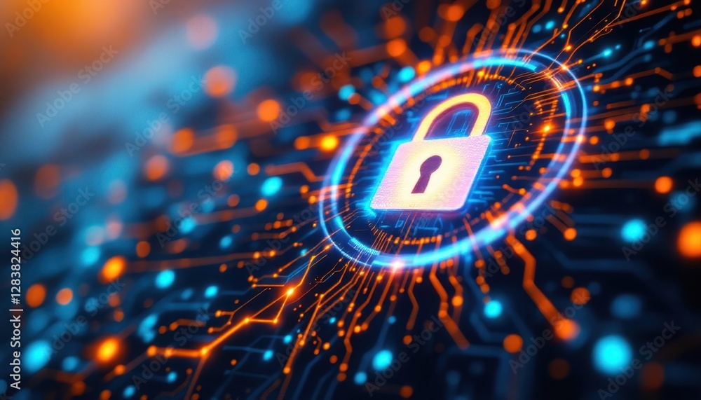 Poster digital security concept with glowing lock on circuitry background