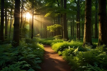 Naklejka premium Title. Enchanted Forest with Sunlight, Blooming Flowers, and Winding Paths