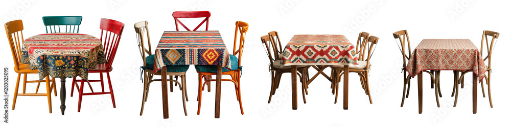 Poster assortment of colorful and eclectic dining room furniture including wooden tables and chairs with pa